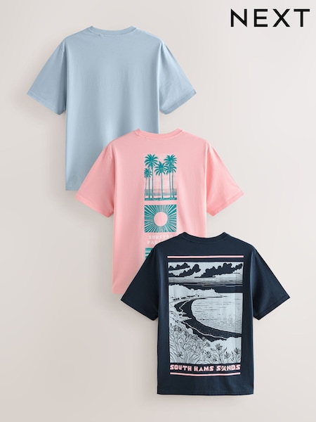 Blue/Navy/Pink Graphic 100% Cotton T-Shirts 3 Pack (AP7177) | £38