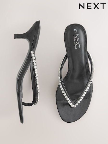 Black Forever Comfort® Jewelled Toe Thong Kitten Heels (AP7221) | £38