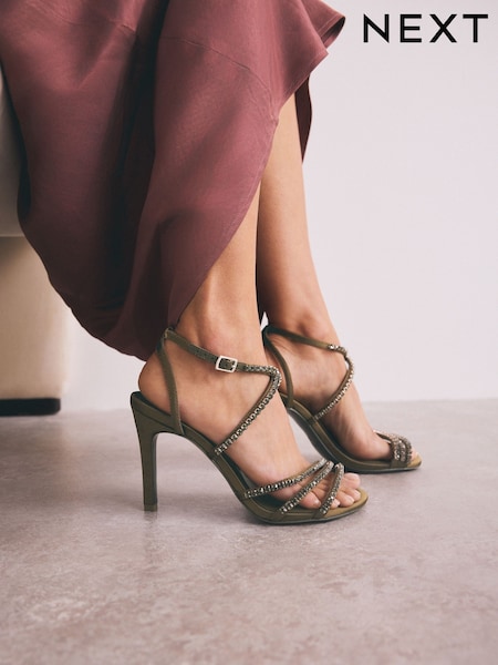 Khaki Green Forever Comfort® Jewelled Satin Strappy Heeled Sandals (AP7229) | £44