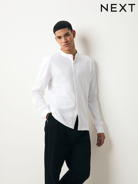 White Long Sleeve Grandad Neck T-Shirt (AP7282) | £34