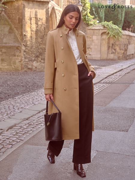 Love & Roses Camel Funnel Neck Wrap Coat (AP7347) | £96
