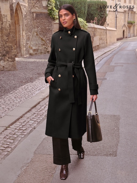 Love & Roses Black Funnel Neck Wrap Coat (AP7349) | £96