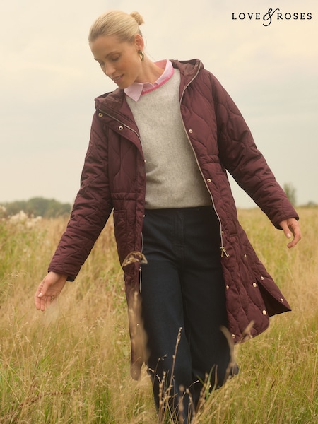 Love & Roses Burgundy Red Lightweight Padded Midi Coat (AP7359) | £86
