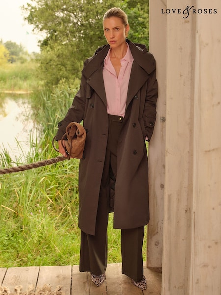 Love & Roses Chocolate Brown Petite Hooded Quilted Trench Coat (AP7378) | £99