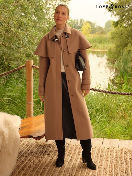 Love & Roses Camel Longline Cape Coat (AP7388) | £96