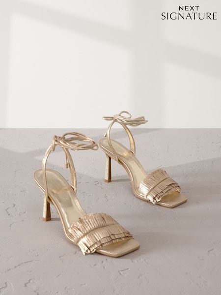 Gold Signature Premium Leather Fringe Tie Leg Heeled Sandals (AP7464) | £82