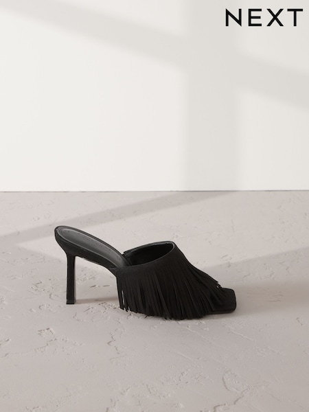Black Signature Premium Leather Fringe Heeled Mules (AP7467) | £85