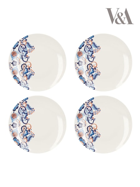 V&A Set of 4 White Ceramic Colourful Floral Print Dinner Plates (AP7549) | £45