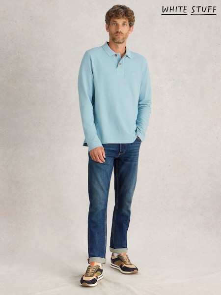 White Stuff Blue Long Sleeve Utility 100% Cotton Polo Shirt (AP7685) | £40