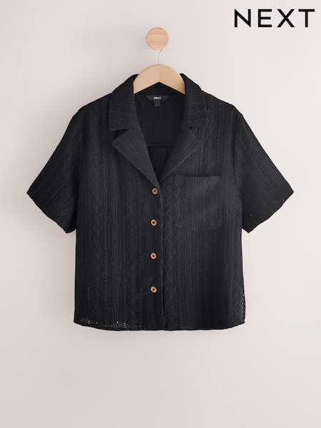 Black Broderie Short Sleeve Holiday Shirt (AP7716) | £30