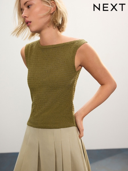 Khaki Green Shirred Asymmetric Sleeveless 100% Cotton Top (AP7789) | £22