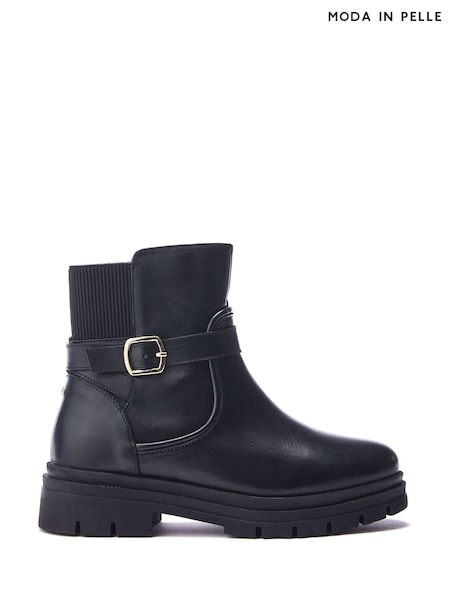 Moda in Pelle Onnis Stretch Back And Buckle Detail Short Leather Black Boots (AP7870) | £119