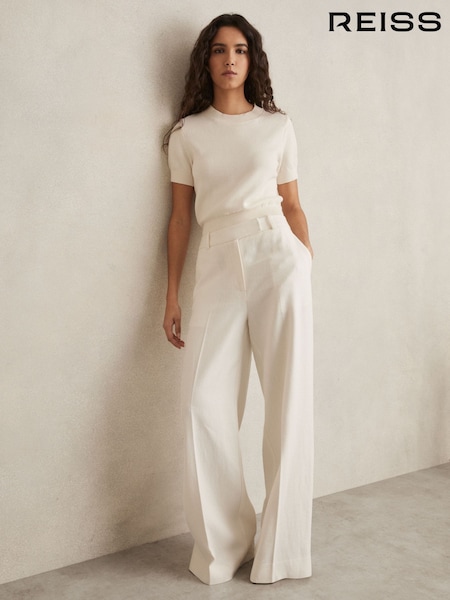 Reiss White Devon Petite Linen-Blend Wide-Leg Trousers (AP8472) | £168