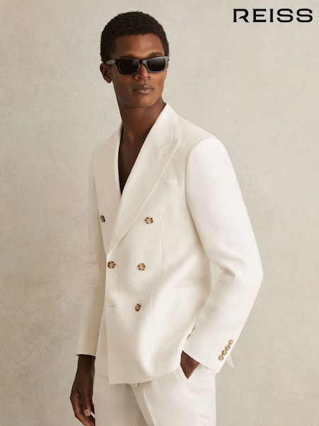Reiss White Park Linen Double-Breasted Suit Blazer Slim-Fit in Herringbone (AP8475) | £398