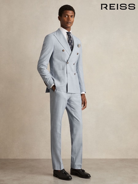 Reiss Soft Blue Belmont Db Double-Breasted Textured Suit Blazer With Wool Slim-Fit (AP8481) | £348