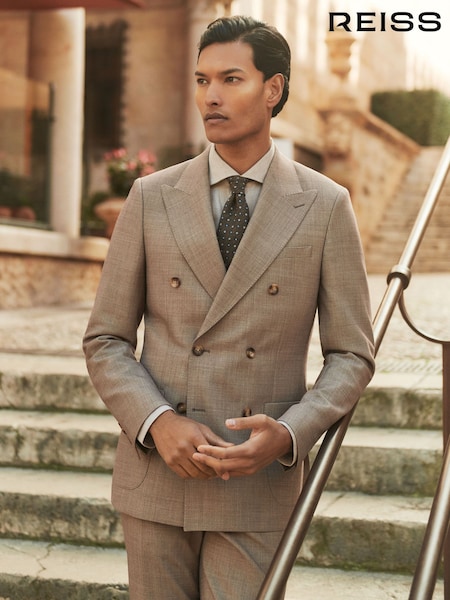 Reiss Brown Belmont Db Double-Breasted Textured Suit Blazer With Wool Slim-Fit (AP8518) | £348