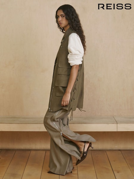 Reiss Sage Green Elyn Wide-Leg Side-Zip Trousers (AP8526) | £198