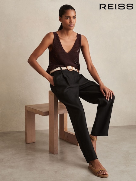 Reiss Black Beau Petite Linen Belted Tapered Trousers (AP8532) | £140