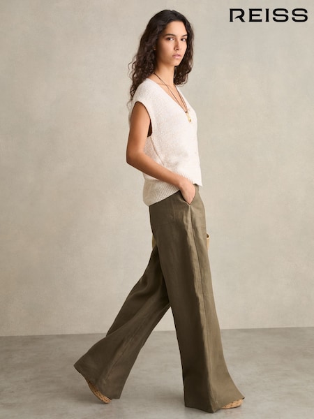 Reiss Khaki Ashby Petite Linen-Cotton Wide-Leg Trousers (AP8537) | £150