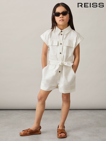 Reiss Ivory Zoe 9-13 yrs Cotton-Linen Belted Playsuit (AP8545) | £71