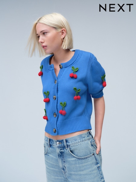 Blue Cherry Cotton Short Sleeve Button Up Cardigan (AP8763) | £38