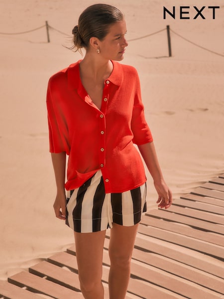 Orange Knitted Collared Short Sleeve Shirt With Linen (AP8799) | £36