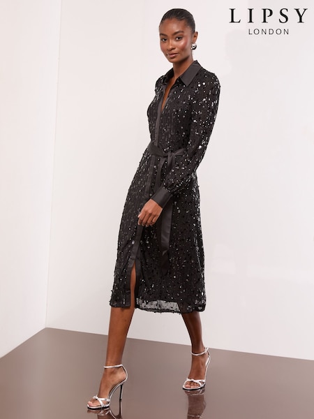 Lipsy Black Sequin Long Sleeve Belted Shirt Dress (AP9311) | £75