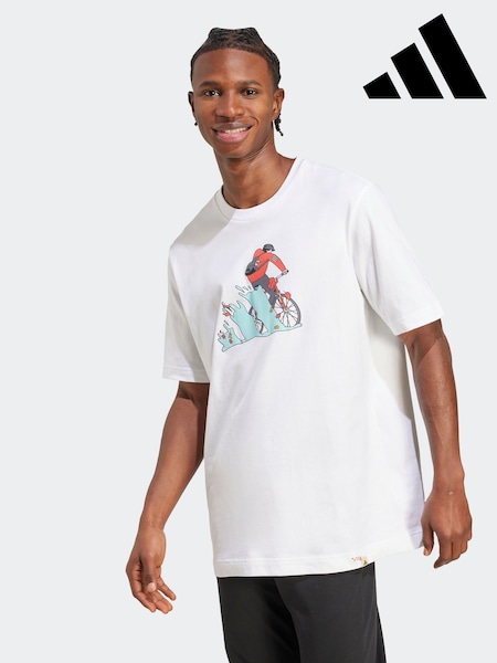 adidas White Doodle Hunt Bike Graphic Print 100% Cotton T-Shirt (AP9427) | £0