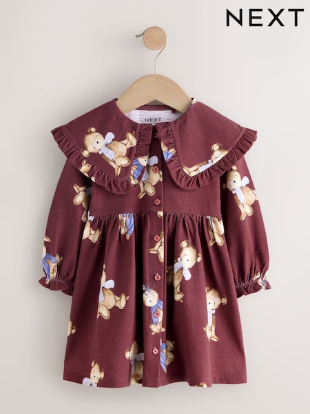 Burgundy Teddy Bear Long Sleeve Collared Dress (3mths-7yrs) (AP9487) | £11 - £13