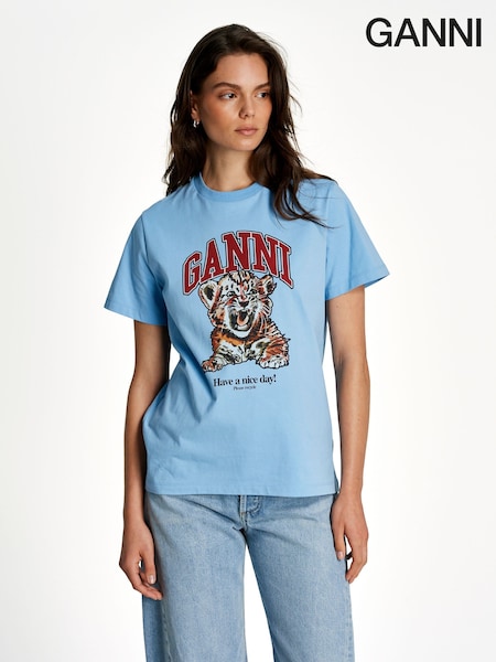 Ganni Blue Basic Jersey Tiger Print Relaxed T-Shirt (AP9568) | £115