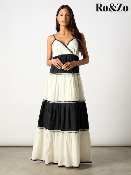 Ro&Zo Black Mono Colourblock V-Neck Maxi 100% Cotton Dress (AP9618) | £129