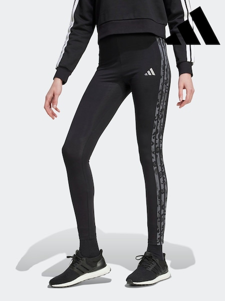 adidas Black Grey Animal Print 3-Stripes High Rise Cotton Leggings (AP9794) | £28