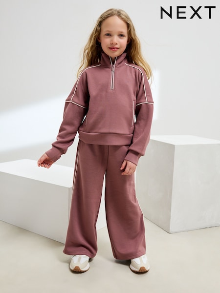 Rust Pink Supersoft Zip Neck Crew and Wide Leg Joggers Set (3-16yrs) (AR0137) | £26 - £32