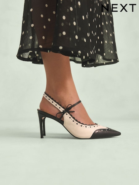 Black/White Tabitha Simmons x Next Josephine Leather Point Toe Bow Brogue Detail Slingback Shoes (AR0660) | £125