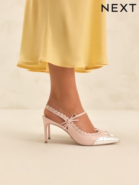 Light Pink Tabitha Simmons x Next Josephine Leather Point Toe Bow Brogue Detail Slingback Shoes (AR0662) | £125