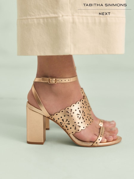 Gold Tabitha Simmons x Next Dahlia Leather Round Toe Laser Cut Detail Block Heel Sandals (AR0674) | £115