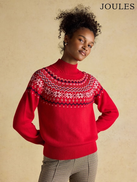 Joules Alba Red Fairisle High Neck Cotton-Blend Jumper (AR0686) | £69