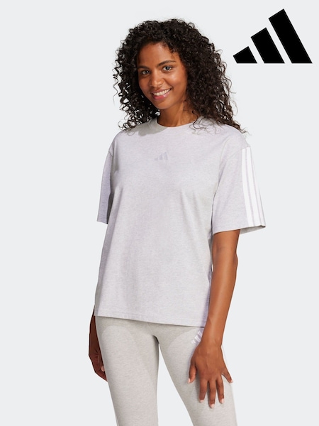 adidas Grey Essentials 3-Stripes Boyfriend 100% Cotton T-Shirt (AR1026) | £23