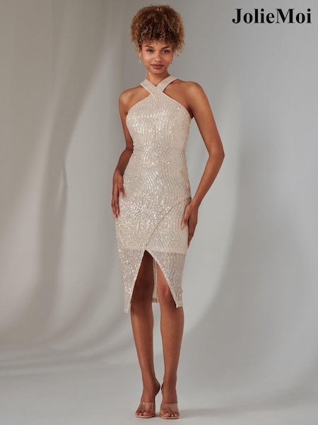 Jolie Moi Nude Cross Neck Slit Bodycon Dress (AR1076) | £72