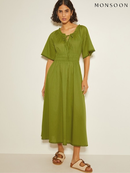 Monsoon Green Nora Short Sleeve 100% Cotton Midi Dress (AR1444) | £69