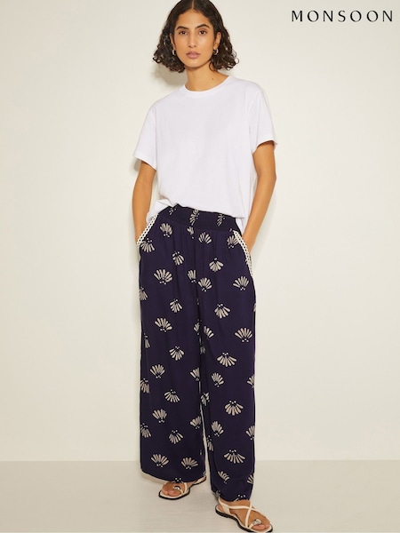 Monsoon Blue Briana Print Wide Leg Trousers (AR1457) | £55