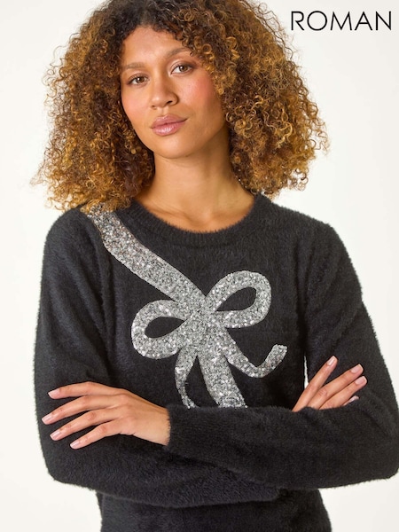 Roman Black Sequin Bow Detail Festive Christmas Jumper (AR1513) | £40