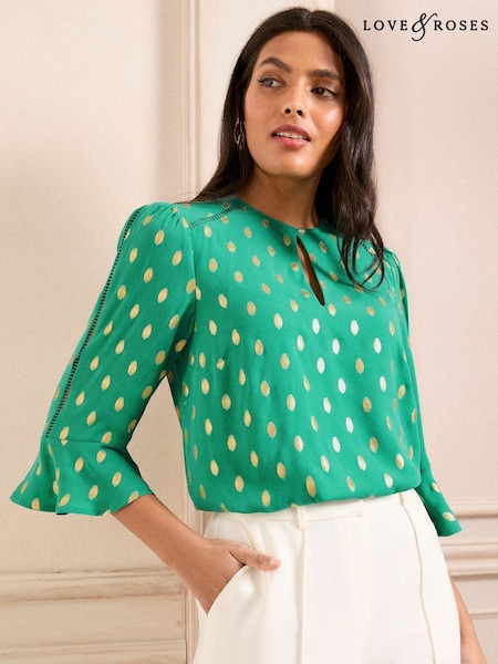 Love & Roses Green Foil 3/4 Flute Sleeve Blouse (AR1638) | £39