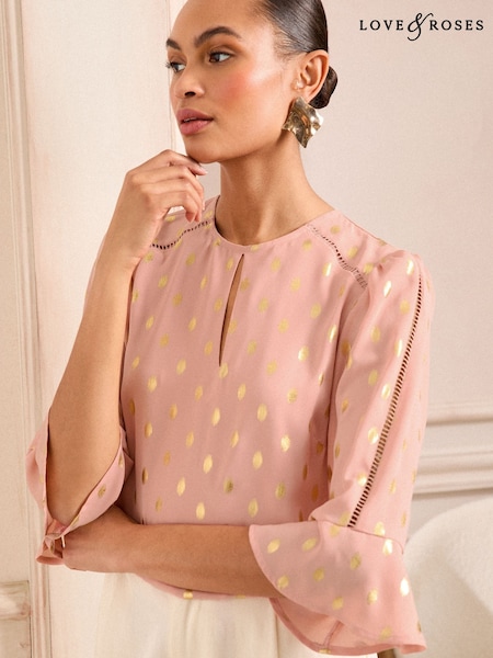 Love & Roses Pink Foil 3/4 Flute Sleeve Blouse (AR1639) | £39