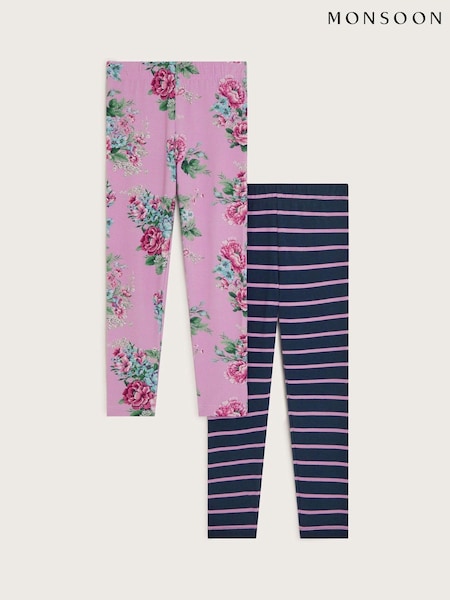 Monsoon Blue Floral and Stripe Leggings 2 Pack (AR1649) | £25 - £29