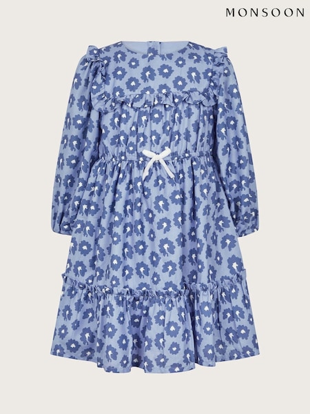 Monsoon Blue Long Sleeve Floral Frill Dress (AR1650) | £25 - £29