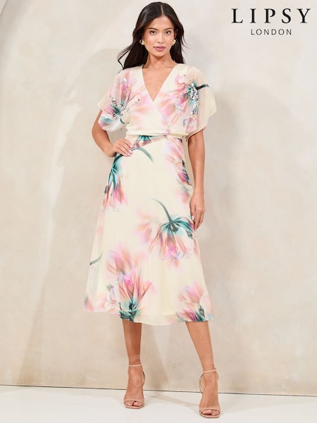 Lipsy White Floral Printed Embellished Detail Fit And Flare Midi Dress (AR1957) | £88