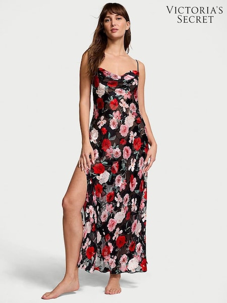 Victoria's Secret Black Floral Atelier Burnout Satin Plunge Dress (AR2187) | £169