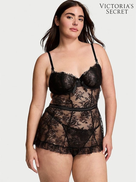 Victoria's Secret Black Lace Unlined Balcony Babydoll Set (AR2190) | £75