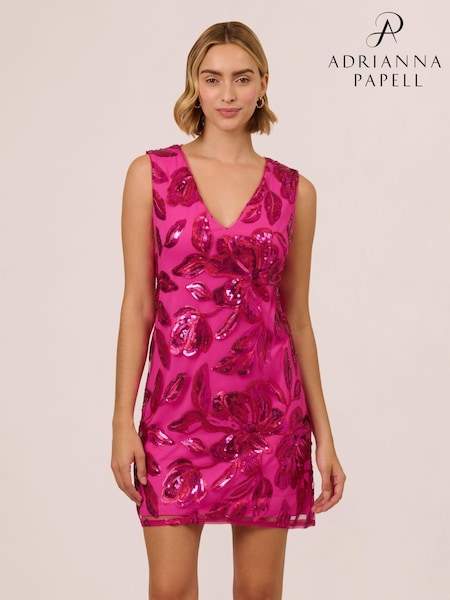 Adrianna Papell Pink Floral Sequin Short Dress (AR2277) | £179